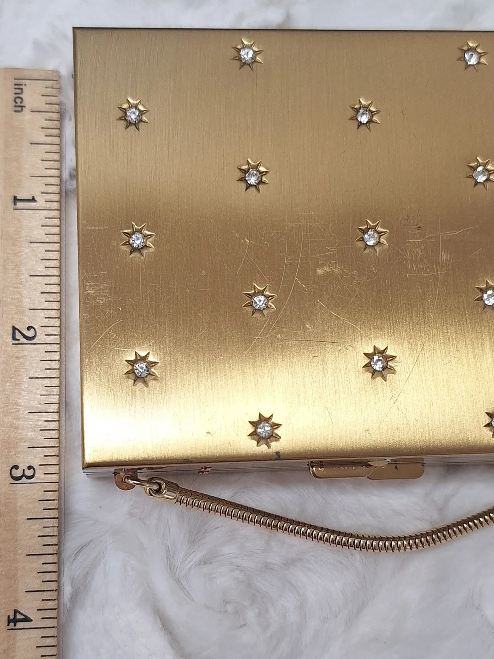 Gold Tone Starburst Rhinestone MCM Embellished Box Compact Clutch Mirror Handbag